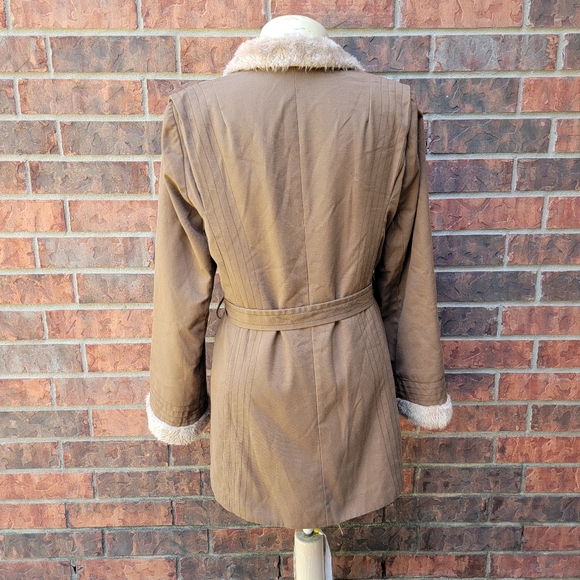 Vtg Bonders Calender Cloth Brown Faux Fur Lined Belted Coat USA No Size, - Picture 4 of 15